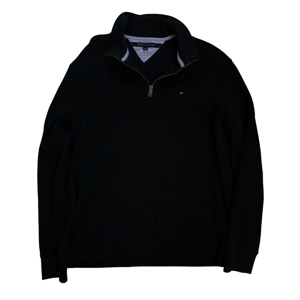 Tommy Hilfiger Mens Black Quarter Zip Pullover Sweater Size Large Logo Knit